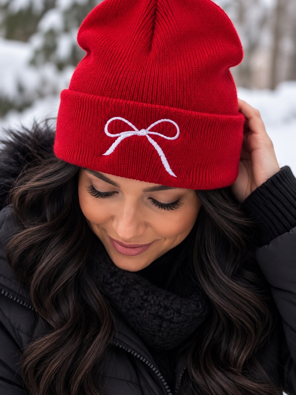 Red Knit Beanie with White Bow Embroidery - Women Accessories